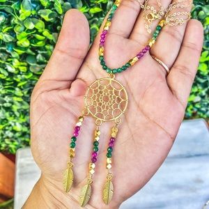 Ruby & Jade Dreamcatcher Beaded Necklace Multi Color Gemstone Jewelry Bohemian